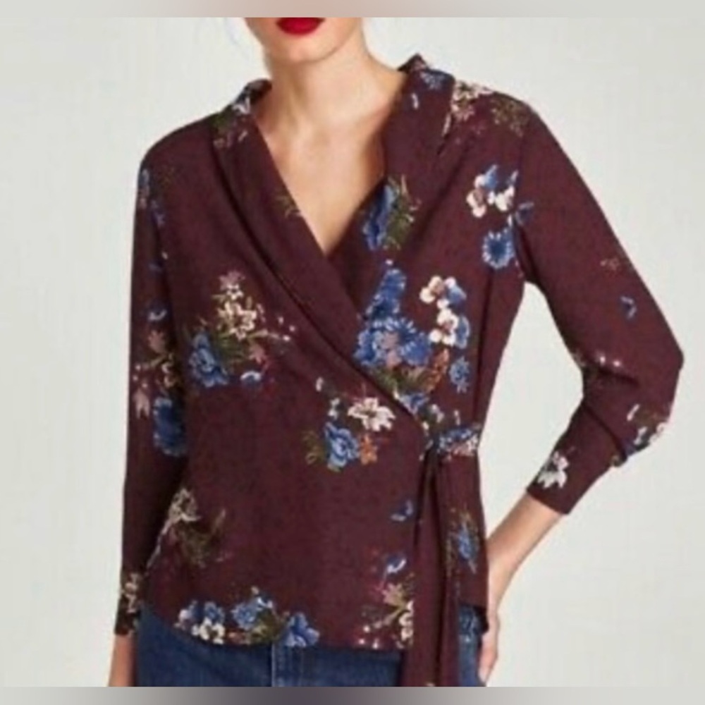 Zara  Maroon floral wrap top size XS. Like new condition.